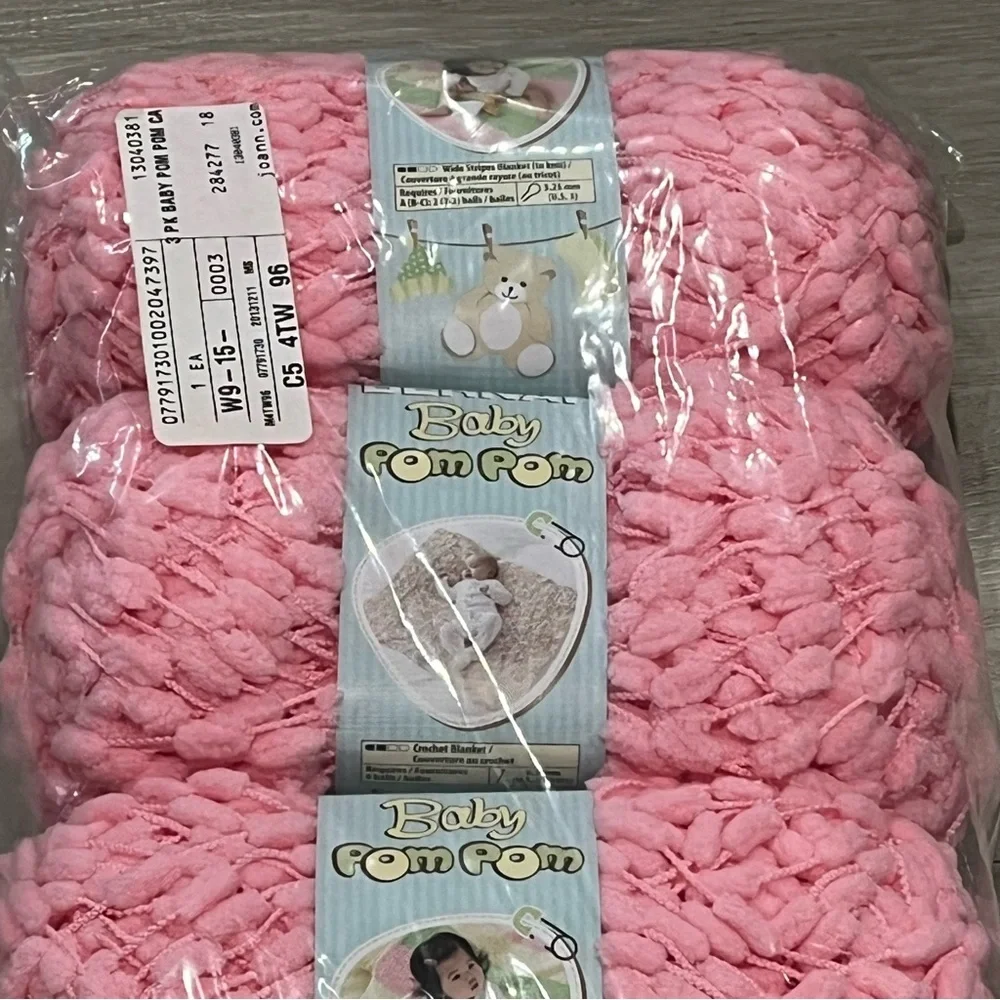 NWT Set of 3 Skeins Bernat Baby Pom Pom Yarn (3.5 oz ea) Candy Floss Pink #6